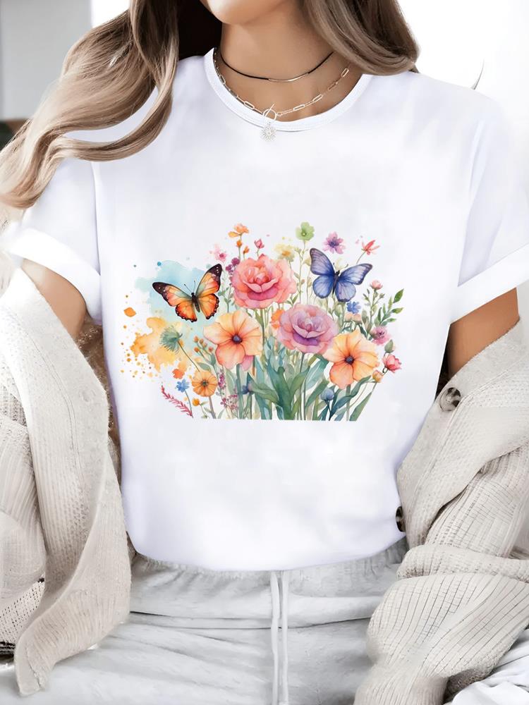 (Asian Size) watercolor flower trend Casual Women's Top T T-shirts Fashion O-neck Female Clothing Print Short Sleeve Graphic Tee