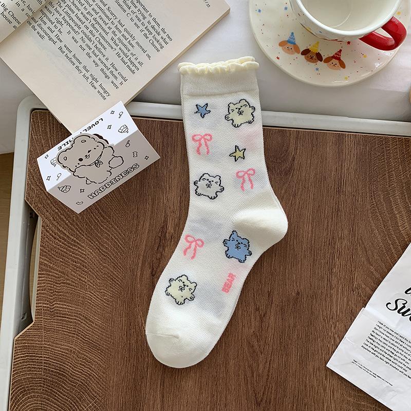 Ladies Summer Thin Cartoon Funny Cute Preppy Style Lace In The Tube Pile Socks