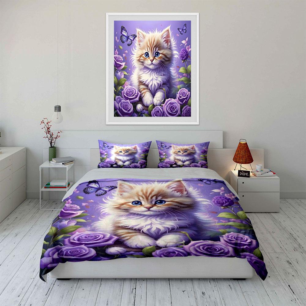 Blue-Eyed Cat Among Purple Roses Duvet Cover Set With 3D Printing Design Soft Polyester Bedding Set All-Season Comfort