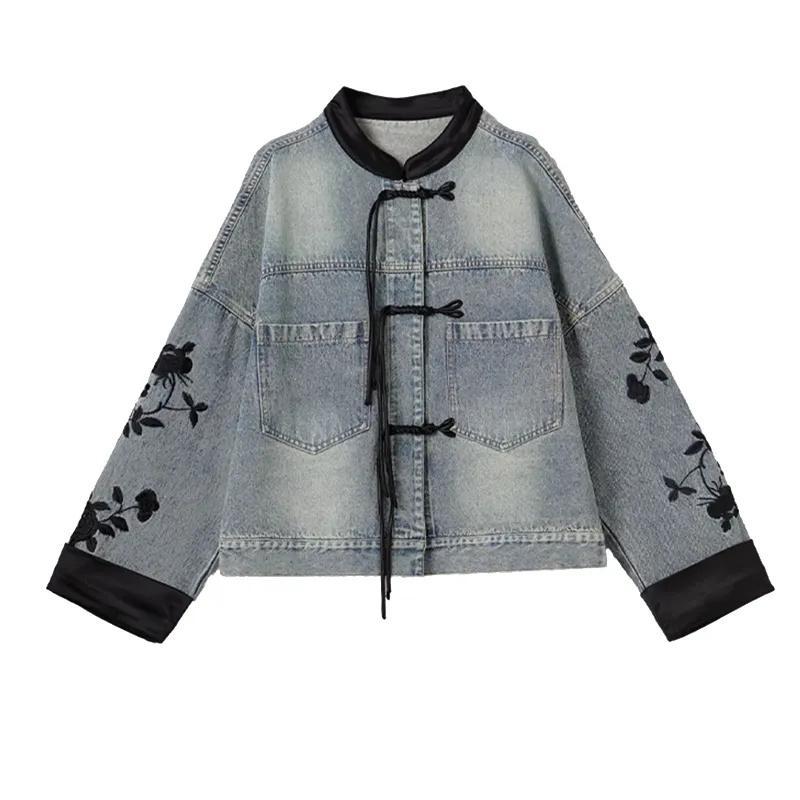 Veste en jean pour femme Printemps Automne Brodé Style Chinois Mode Polyvalente Vêtements en jean Haut de gamme pour femme