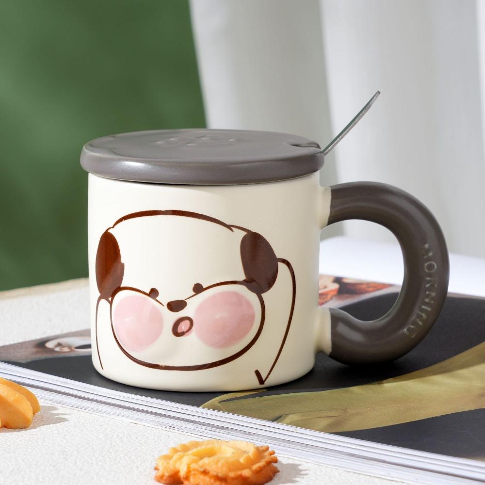 Cute Animal Milk Fufu Ceramic Cup Cartoon Mug with Lid Spoon for Girls Water Cup Household Coffee Cup Milk Cup