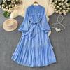Lace Puff Sleeve Long Dresses Solid Korean Fashion Singe Breasted Elegant Retro Autumn Long Dress Ruffles Bow Women Dress