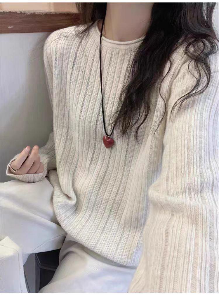 Autumn/Winter Women's Pure Wool Round Neck Ribbed Sweater - European Style, Versatile, Loose Fit Knitwear