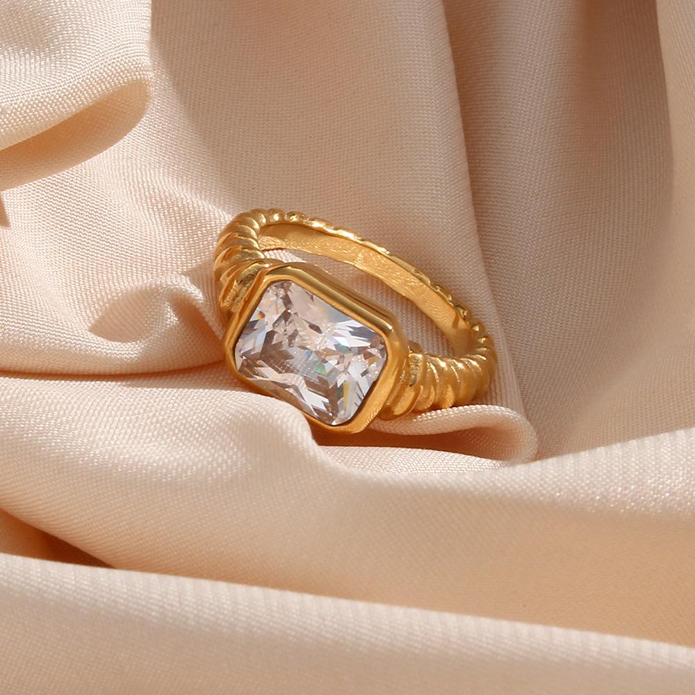 E.B.belle Christmas Jewelry Luxury Texture Engraved Side Rectangle 3A Zircon Stone Rings For Women Stainless Steel Gold Gem Ring