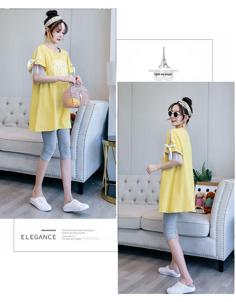 Korean-Style Maternity Summer T-Shirt and Mid-Length Dress Two-Piece Set