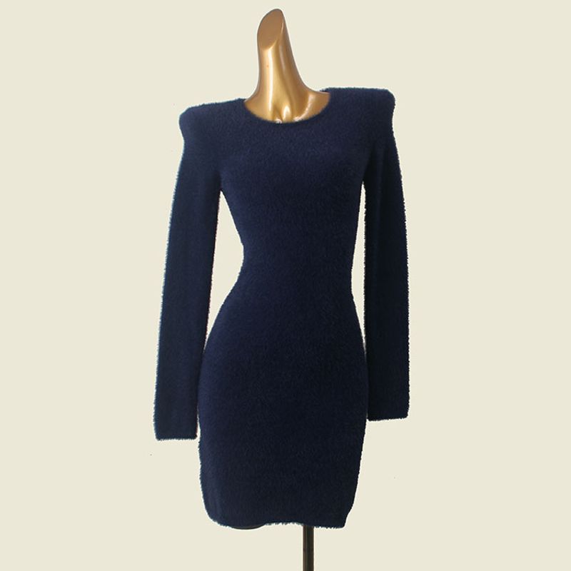 

Artificial Mink Hair Beauty Back Bodycon Dress Fashion Wind Sexy Fall and Winter Base Long Sleeves Silm Slimming Knitted Base Skirt Flawed silks M