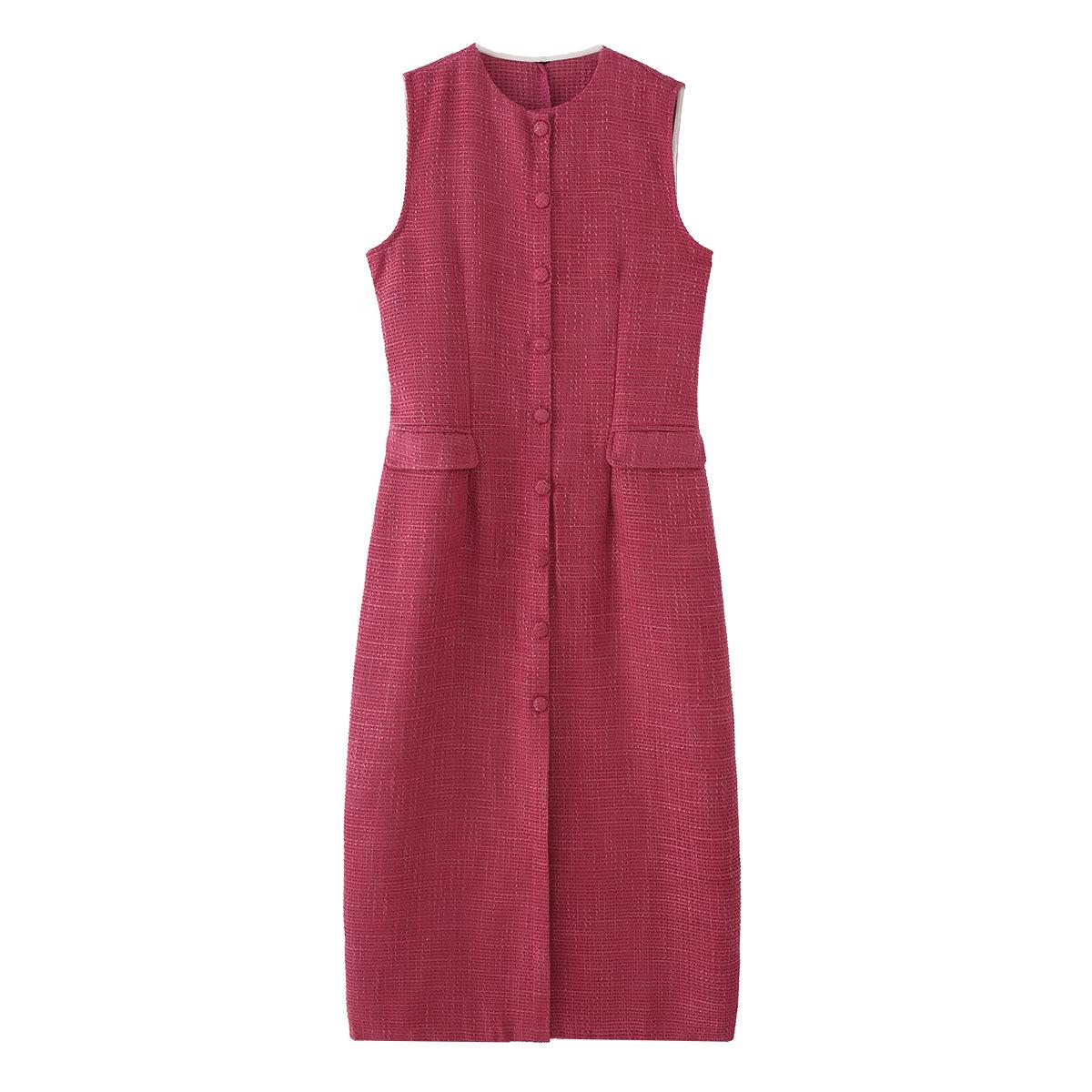 Autumn 2025 Women s Coarse Knit Patchwork Waist-Cinching Button-Decorated Dress Small