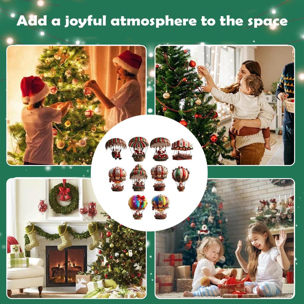 10PCS Christmas Tree Ornament 2D Acrylic Holiday Decoration Santa Hot Air Balloon Ornament for Window Bedroom Living Room