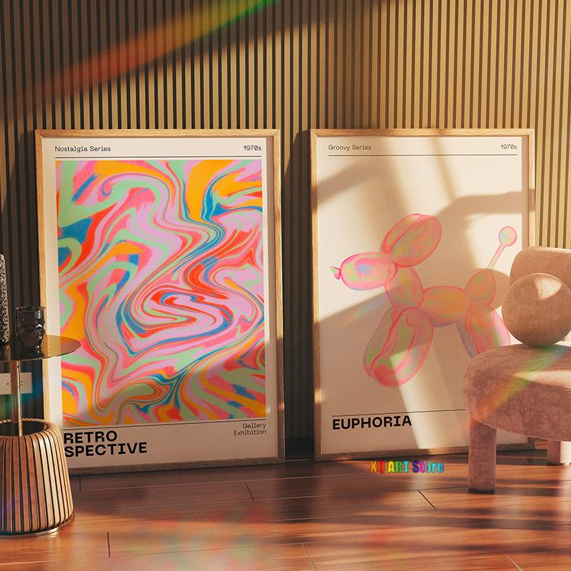 Conjunto de arte de parede de galeria com 2 impressões, pôster de gradiente de aura abstrata retrô, pinturas em tela vintage estéticas dos anos 70, sala de casa sem moldura