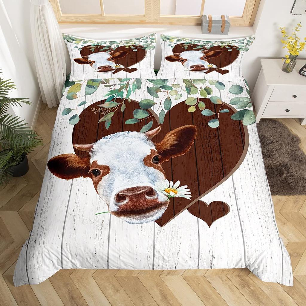 Kuh Bettbezug Set Twin King Size Bauernhoftier Bettwäsche Set Grüner Rankenblätter Druck Bettdeckenbezug Rustikale Holzbrett Steppdecke