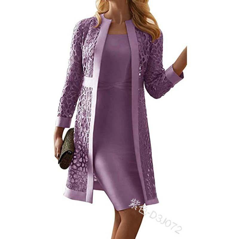 Fashion Female Pure Color Lace Cardigan Dress Two-piece Set Two Piece Lace Cardigan Dress