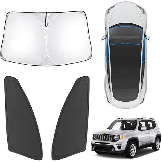 Karltys 3PCS Front And Side Windshield Sun Shade For 2015-2024 2025 Jeep Renegade, Reflective Window Sunshade Fit Renegade, Foldable Sun Shield Sun