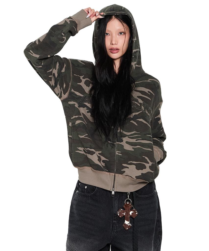 Aakam Camouflage Waffle Zip-Up Hoodie (Khaki)