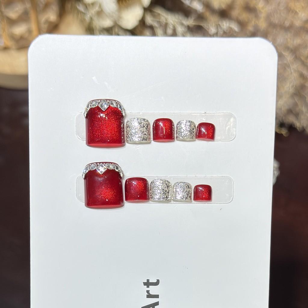 Handmade Press On Toenail French Summer Red Cat Eye Sparkling 3D Diamond Sequins Fake Nail Patch Artificial Nail Reusable XS
