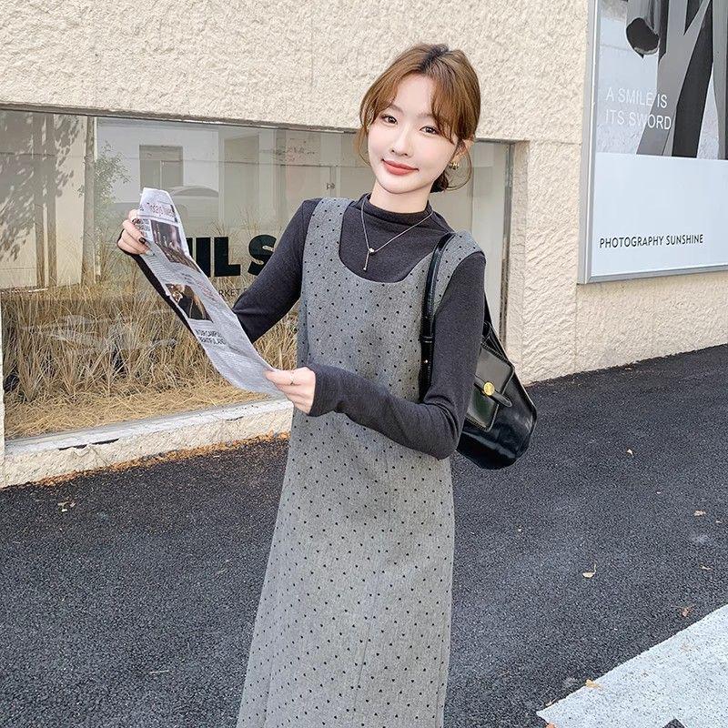 Gray Polka Dot Wool Vest Dress - Korean Style, Autumn/Winter Collection