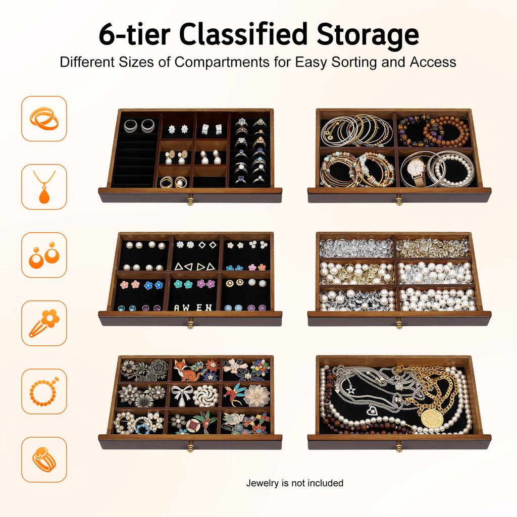 6 Layer Jewelry Box Wood Jewelry Organizer Storage Box Without Mirror Multi Compartment for Rings Earrings Necklaces Bracelets
