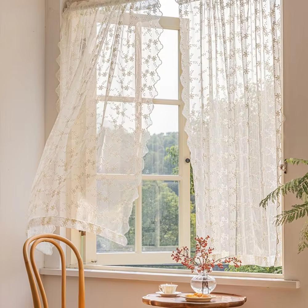 Tulle Sheer Curtain Floral Embroidery Doorway Drape Romantic French Lace Curtains  Home Decoration