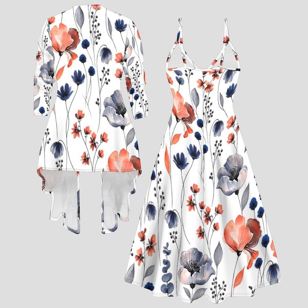 Women Plus Size Two Piece Set Long Sleeve Jacket Cami Maxi Dress
