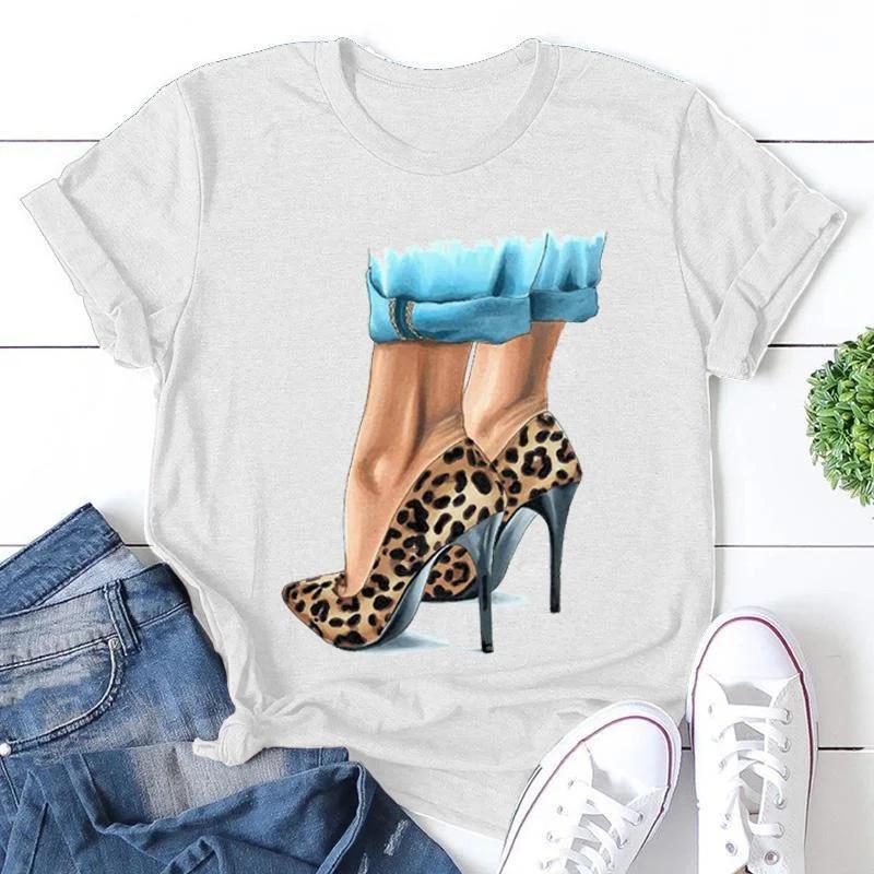 

Милая леопардовая обувь на высоком каблуке с принтом женская рубашка с коротким рукавом, топы, новая модная летняя повседневная женская футболка с графическим принтом XXXL