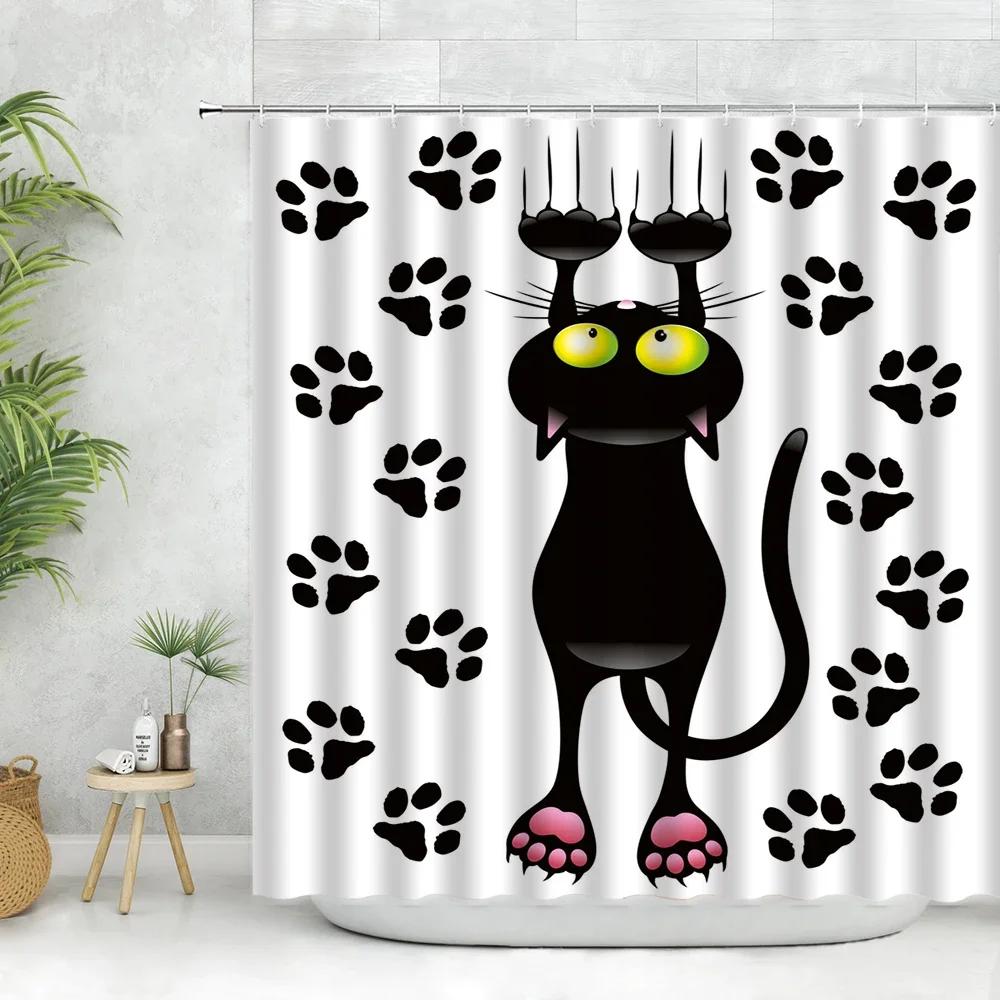 Three Funny Naughty Black Cat Shower Curtain Scratching The Wall with His Paws Fabric Bathroom Decor Set Hooks White and Black