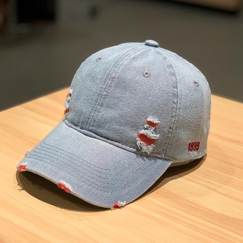 Verstellbare ausgefranste Denim-Baseballkappe Sonnenschutz Unisex Retro Schirmmütze Baumwolle Bestickt Used-Look Blau Casquette