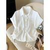 Korean Fashion Commuter Ol Blue Lapel Single-Breasted Loose Side Drawstring Lace-up Shoulder Short Sleeve Shirts Top Women