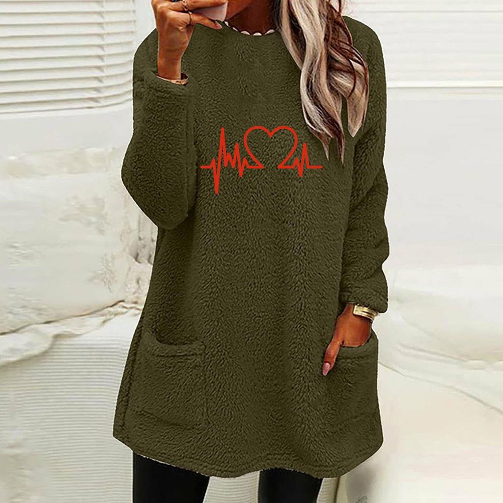 2023 Autumn/Winter Women's Loose Heart Print Double-sided Fleece Sweatshirt with Pockets