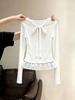 Women's White Lace Trim Bow Long Sleeve Slim Fit 2-in-1 Top for Autumn/Winter