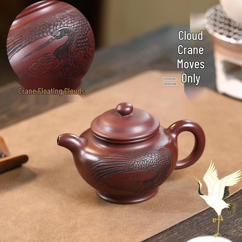 Handcrafted Yixing Zisha Teapots from Dragon Blood Clay with Cloud and Crane Motifs 380cc