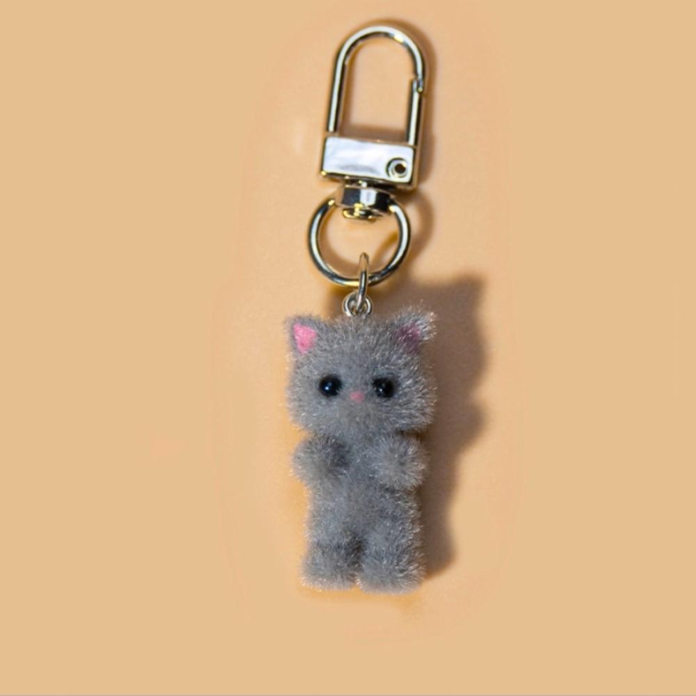 Cute 3D Flocking Kitten Keychain Simulation Animal Hobby Cartoon Doll Girl Keyring Car Bag Purse Phones Pendant Key Ring Gift