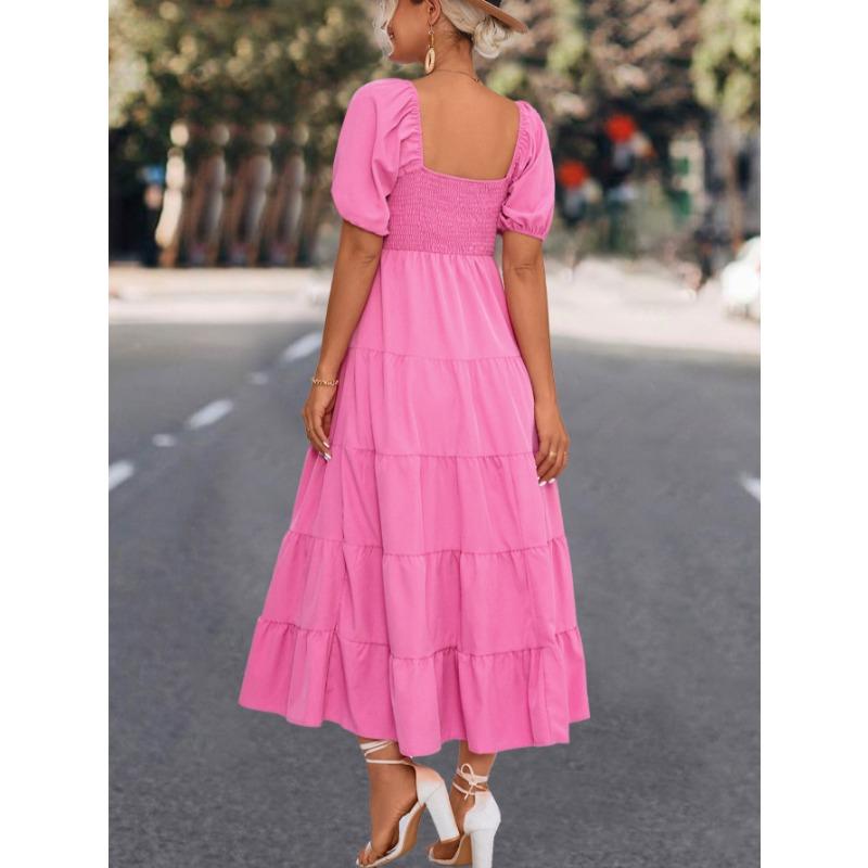 Short Sleeve Square Collar Summer Dress Women Fashion Pleated Elegant Ruffled Long Dresses Women Hight Waist Loose A-line Ladies Dress Clothes 809