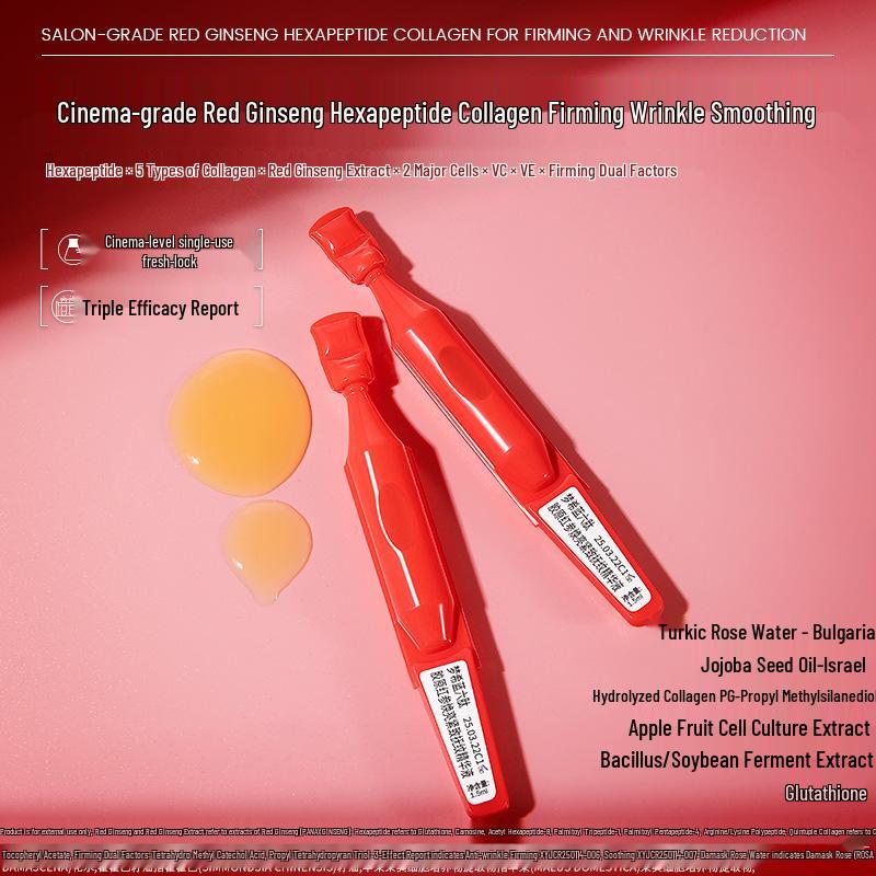 Hexapeptide Collagen Brightening Firming Serum with Red Ginseng - Single-Use Ampoule for Wrinkle Smoothing and Moisturizing.