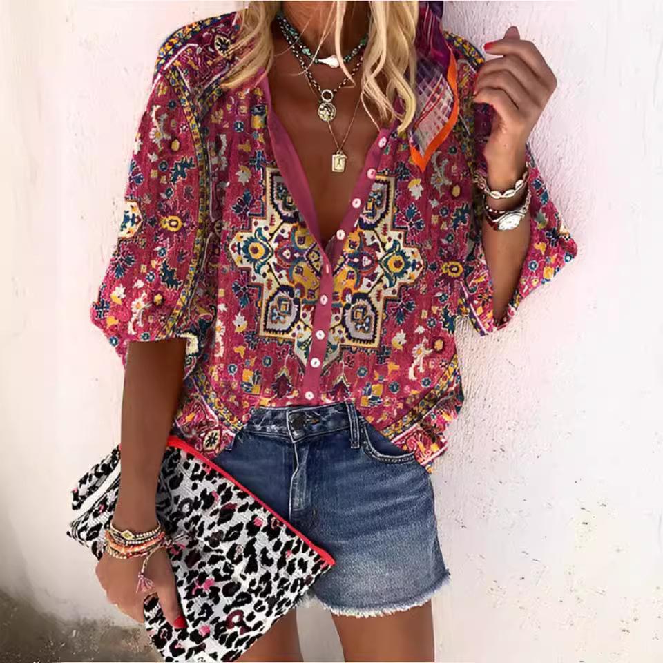 Summer Fashion Stand Up Collar Loose Button Retro Printed Casual Seven Inch Sleeves Women's Blouses & Shirts