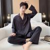 1011 New Men's Pajamas Spring and Autumn Ice Silk Long Sleeve Pants Set Premium Large Size Cardigan Homewear Summer