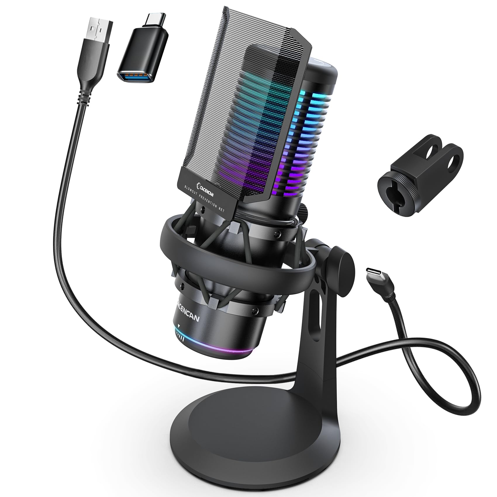 

Микрофон CACENCAN MK-02 ПК-микрофон USB-конденсаторный микрофон RGB-подсветка Отключение звука одним нажатием 96 кГц 24 бит Кардиоидная направленность и всенаправленность
