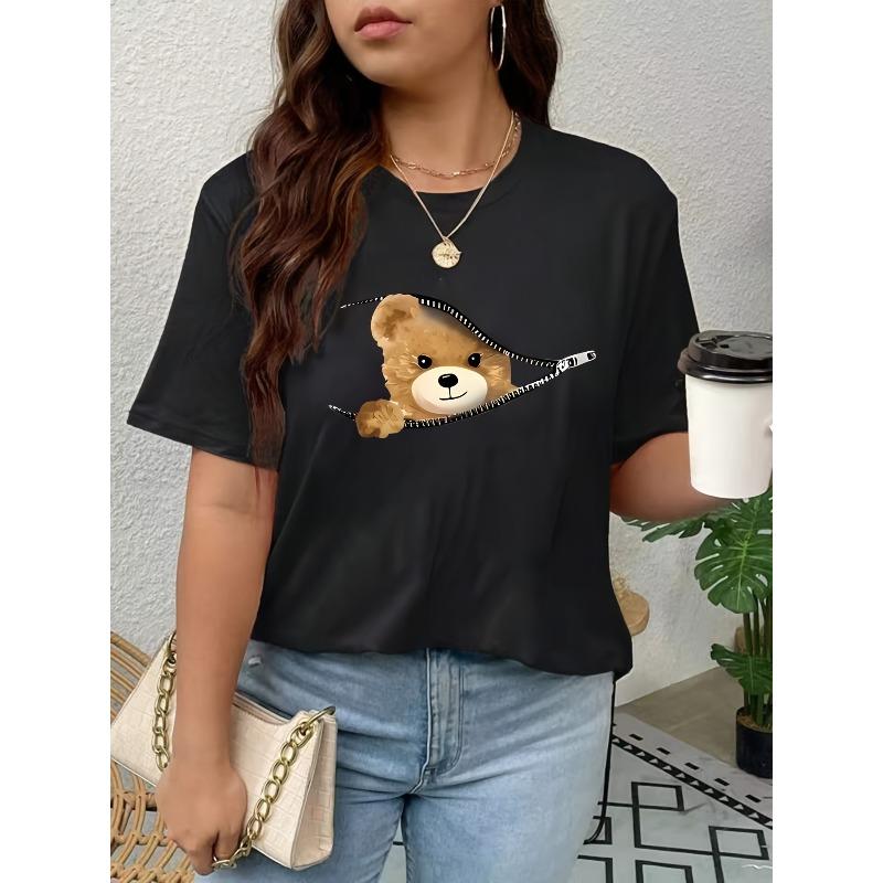 

Womens Plus Size Cute Zipper Bear Print T Shirt Stretchy Round Neck Short Sleeve Spring Summer Casual Top 4XL чорний