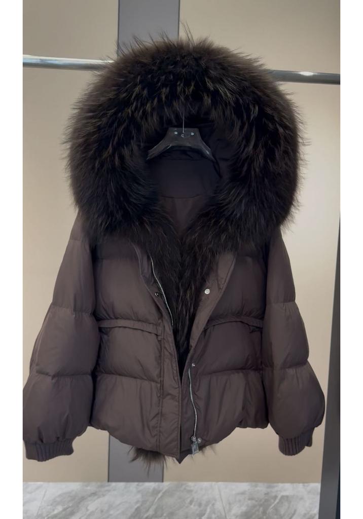 Winter increase natural real raccoon fur collar placket goose down jacket versatile high-end sense loose warm jacket women