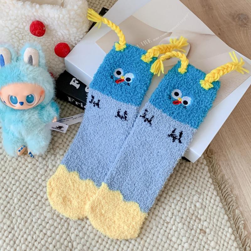 Three-dimensional Coral Fleece Sleeping Socks Winter Warm Medium Tube Floor Socks Embroidery Funny Clown Half Fleece Christmas Socks