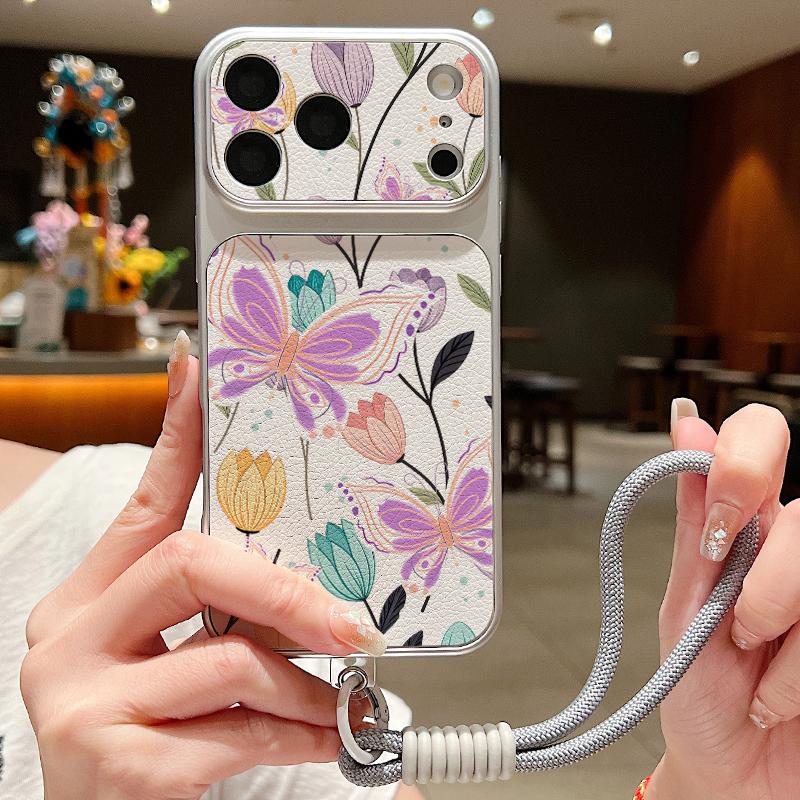 Butterfly Print Leather Lanyard Case For iPhone 18 Pro Max 17 16 15 14 13 Pro Max Luxury Hybrid TPU+PU Anti-skid Soft Phone Cover