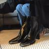 French Small Man High Heel Square Head Temperament Martin Boots 2025 Autumn and Winter New Patent Leather Boots Short Boots Thick Heel