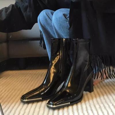 French Small Man High Heel Square Head Temperament Martin Boots 2025 Autumn and Winter New Patent Leather Boots Short Boots Thick Heel