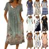 Women's Fashionable Retro Printed Round Neck Short Sleeved Button Neck Mid Length Casual Dress