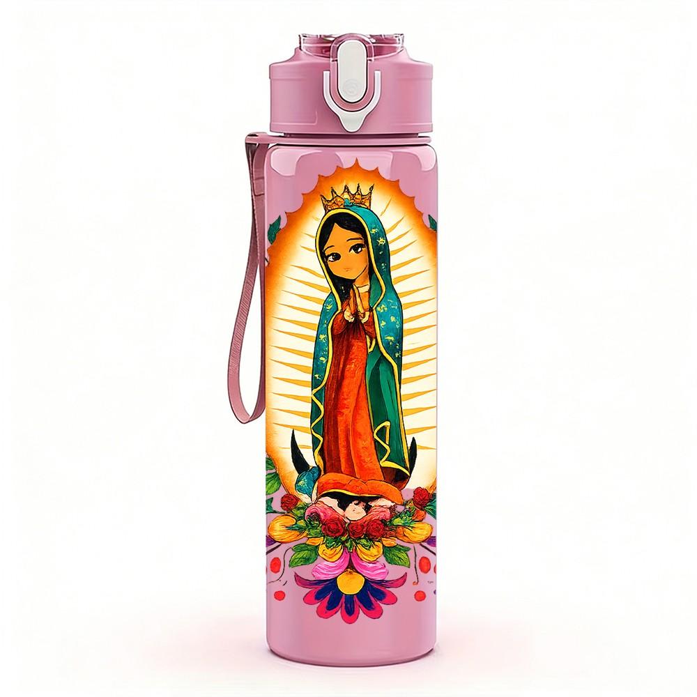 1PC Our Lady Of Guadalupe Religious Print 750ml Color Plastic Sports Water Bottle Leakproof Flip Straw Lid Suitable for Sports Office Home Use