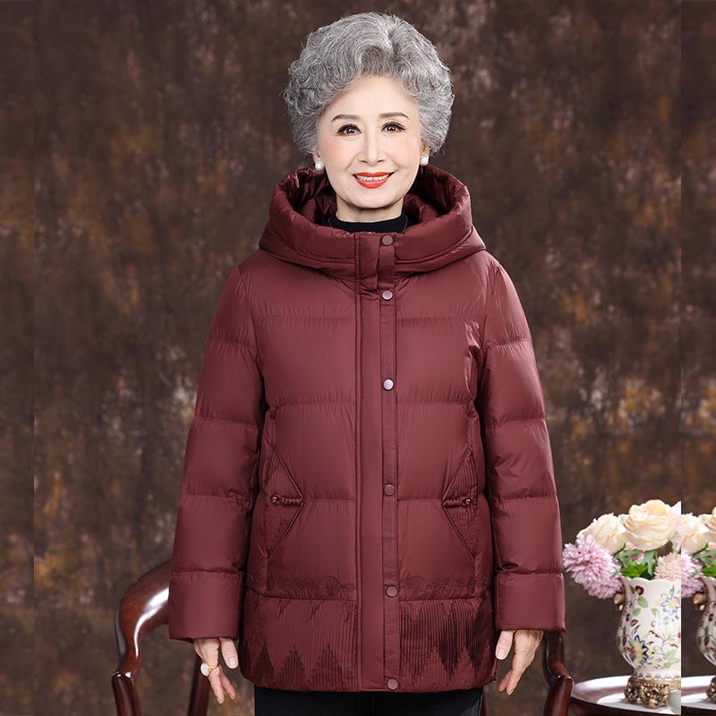 Loose Hooded Winter Down Jacket for Middle-aged and Elderly Women – Warm White Duck Down Coat
