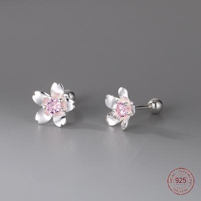 Kızlar için 925 Ayar Gümüş Pembe Sakura Çiçek Küpe Zarif Kiraz Çiçeği Vida Küpe Bayan Piercing Takısı