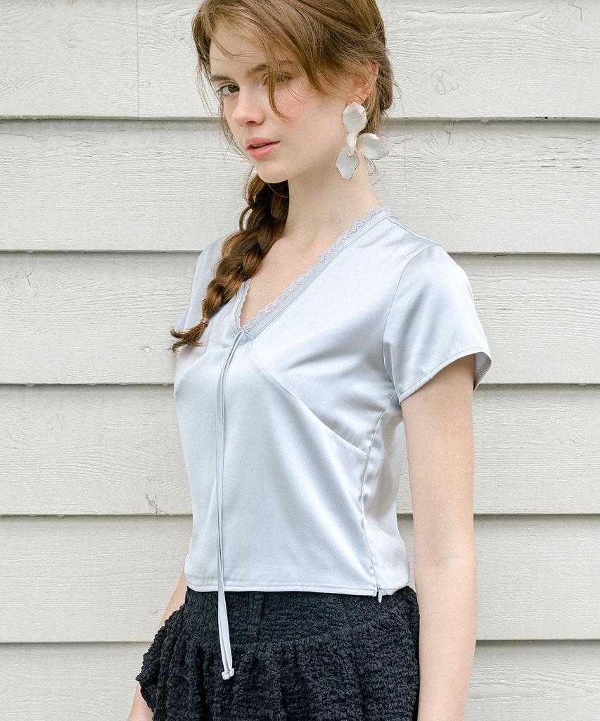 LETTER FROM MOON Satin V-Neck Ribbon Top (Sky Blue)