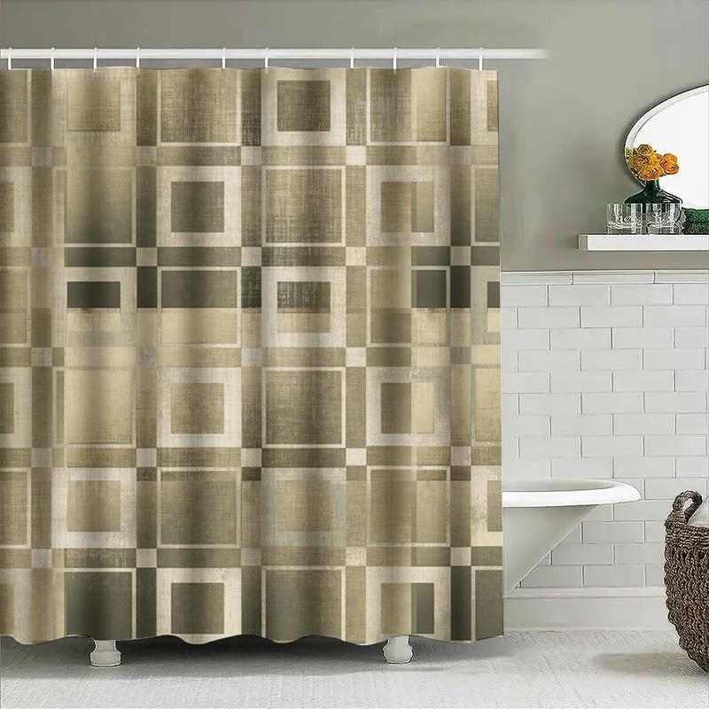 Geometric Bathroom Shower Curtain Set Modern Decor Brown Beige Tones For Home Bath Accessories