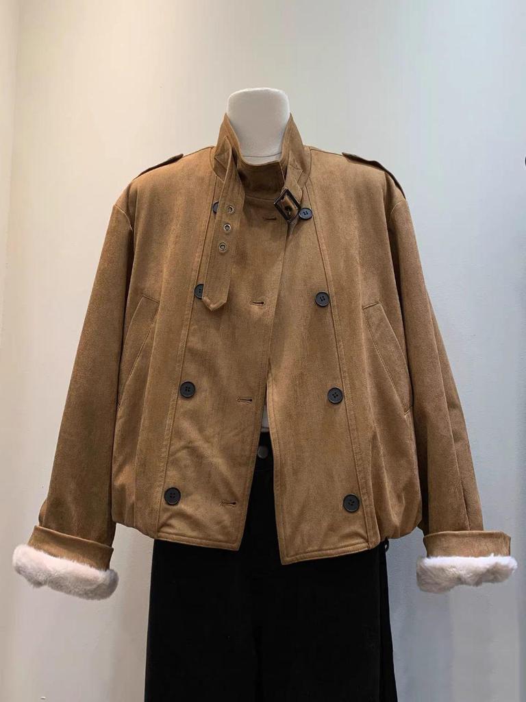 Giacca da Donna Taglie Forti in Doppiopetto di Finta Pelle Scamosciata con Collo Rialzato, Caldo Cappotto Corto Inverno 2025