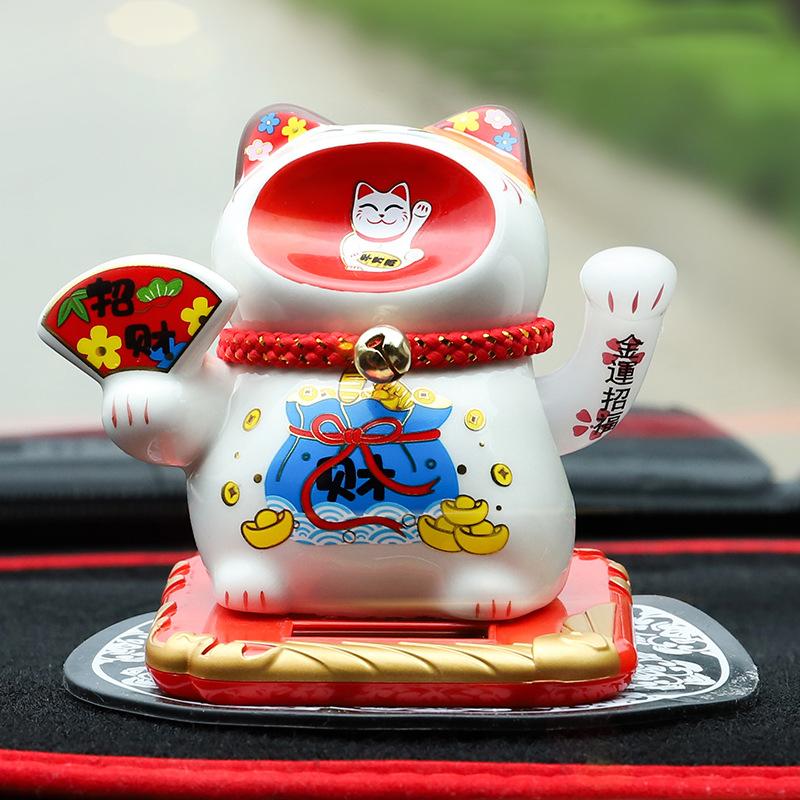 Gatto Fortunato Ceramica Alimentato a Energia Solare Maneki Neko Braccio Ondulante Gatto che Invita la Fortuna con Tappetino Auto Decorazione Scrivania Fascino Regalo