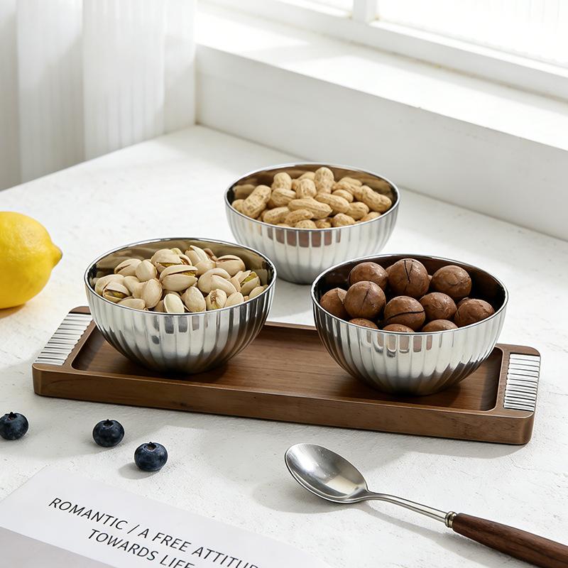 Wooden Tray, Snack, Nut Platter, Mirror Stainless Steel Bowl, Pudding Bowl, Fruit Plate, Seasoning Bowl, Tableware, Kitchenware